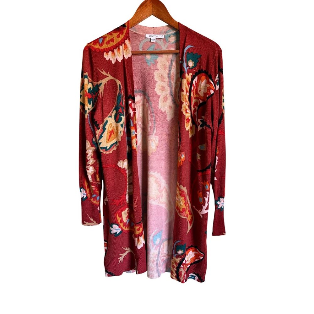 Chico's Size 2/Medium Orange Open Floral Cardigan Sweater Long Line